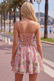 Vestido de bienvenida floral rosa con tirantes finos en línea A con cordones en la espalda y bordado