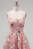 Vestido de bienvenida floral rosa con tirantes finos en línea A con cordones en la espalda y bordado