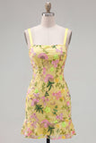 Vestido de bienvenida amarillo bodycon bordado floral bordado con volantes y encaje en la espalda