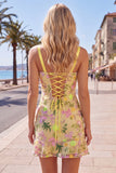 Vestido de bienvenida amarillo bodycon bordado floral bordado con volantes y encaje en la espalda