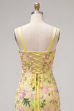 Vestido de bienvenida amarillo bodycon bordado floral bordado con volantes y encaje en la espalda