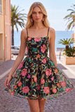 Vestido de bienvenida a casa, bordado en negro rojo con línea A, con encaje en la espalda