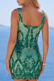 Vestido de bienvenida a casa con lentejuelas bodycon cuello cuadrado verde oscuro brillante