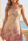 Vestido de bienvenida de fin de curso dorado y rosa con tirantes en línea A y brillante
