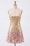 Vestido de bienvenida de fin de curso dorado y rosa con tirantes en línea A y brillante