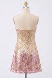 Vestido de bienvenida de fin de curso dorado y rosa con tirantes en línea A y brillante