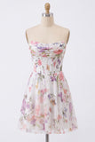Vestido de Homecoming sin tirantes de marfil floral de gasa con chiffon y sin tirantes