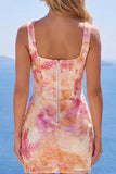 Vestido de bienvenida a casa con lentejuelas naranjas con cuello cuadrado y brillante bodycon