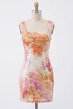 Vestido de bienvenida a casa con lentejuelas naranjas con cuello cuadrado y brillante bodycon