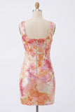 Vestido de bienvenida a casa con lentejuelas naranjas con cuello cuadrado y brillante bodycon