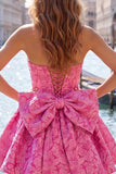 Vestido de bienvenida rosa brillante floral sin tirantes en línea A de Jacquard con lazos y encaje en la espalda