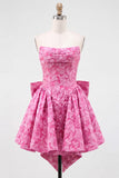 Vestido de bienvenida rosa brillante floral sin tirantes en línea A de Jacquard con lazos y encaje en la espalda