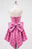 Vestido de bienvenida rosa brillante floral sin tirantes en línea A de Jacquard con lazos y encaje en la espalda
