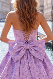 Vestido de bienvenida rosa brillante floral sin tirantes en línea A de Jacquard con lazos y encaje en la espalda