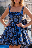 Vestido de bienvenida Jacquard con escote cuadrado azul claro y cordón en la espalda