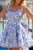 Vestido de bienvenida Jacquard con escote cuadrado azul claro y cordón en la espalda
