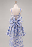 Vestido de bienvenida Jacquard con escote cuadrado azul claro y cordón en la espalda