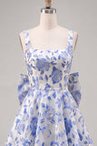 Vestido de bienvenida Jacquard con escote cuadrado azul claro y cordón en la espalda