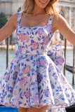 Vestido de bienvenida Jacquard con escote cuadrado azul claro y cordón en la espalda