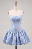 Vestido de bienvenida sin tirantes de corsé floral Jacquard azul A-Line