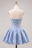 Vestido de bienvenida sin tirantes de corsé floral Jacquard azul A-Line