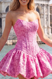 Vestido de bienvenida sin tirantes de corsé floral Jacquard azul A-Line