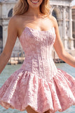 Vestido de bienvenida sin tirantes de corsé floral Jacquard azul A-Line
