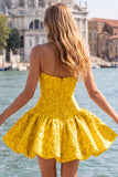 Vestido de bienvenida sin tirantes de corsé floral Jacquard azul A-Line