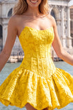 Vestido de bienvenida sin tirantes de corsé floral Jacquard azul A-Line