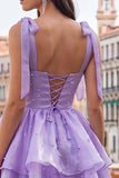 Vestido de bienvenida a casa con perlas lilas y cuento de hadas con capas en la espalda