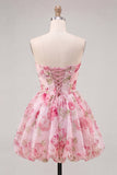 Vestido de bienvenida con chiffon floral rosa A-Line y encaje hacia atrás