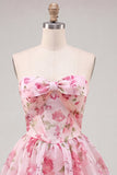 Vestido de bienvenida con chiffon floral rosa A-Line y encaje hacia atrás