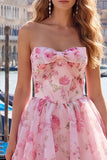 Vestido de bienvenida con chiffon floral rosa A-Line y encaje hacia atrás