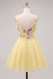 Vestido de bienvenida a casa amarillo de cuello en V con lentejuelas florales en línea A