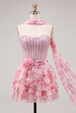 Vestido de bienvenida a casa, corsé rosa A-line con cuentas florales y cuentas y bufanda al cuello
