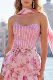 Vestido de bienvenida a casa, corsé rosa A-line con cuentas florales y cuentas y bufanda al cuello