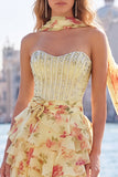 Vestido de bienvenida a casa, corsé rosa A-line con cuentas florales y cuentas y bufanda al cuello