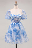 Corsé azul de cuello cuadrado con vestido floral de bienvenida a casa, con encaje en la espalda