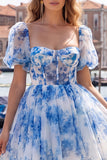 Corsé azul de cuello cuadrado con vestido floral de bienvenida a casa, con encaje en la espalda