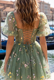 Corsé azul de cuello cuadrado con vestido floral de bienvenida a casa, con encaje en la espalda