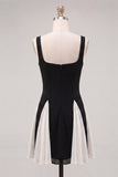 Vestido negro de fin de curso corto, escote cuadrado y línea A, vestido corto de bienvenida