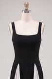 Vestido negro de fin de curso corto, escote cuadrado y línea A, vestido corto de bienvenida