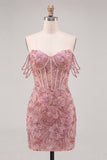 Corsé rosa perla descubierto vestido floral de bienvenida con lentejuelas