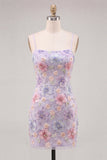 Vestido corto de bienvenida corto con cortes florales lila bodycon tirantes y abalorios