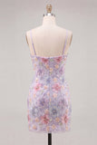 Vestido corto de bienvenida corto con cortes florales lila bodycon tirantes y abalorios