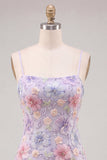 Vestido corto de bienvenida corto con cortes florales lila bodycon tirantes y abalorios