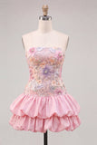 Vestido de bienvenida rosa rosa floral en línea A con tirantes y lentejuelas