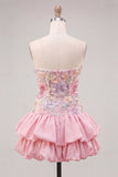 Vestido de bienvenida rosa rosa floral en línea A con tirantes y lentejuelas