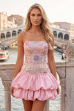 Vestido de bienvenida rosa rosa floral en línea A con tirantes y lentejuelas