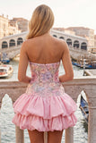 Vestido de bienvenida rosa rosa floral en línea A con tirantes y lentejuelas